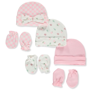6 Piece Hats & Mittens Set - Pink & White